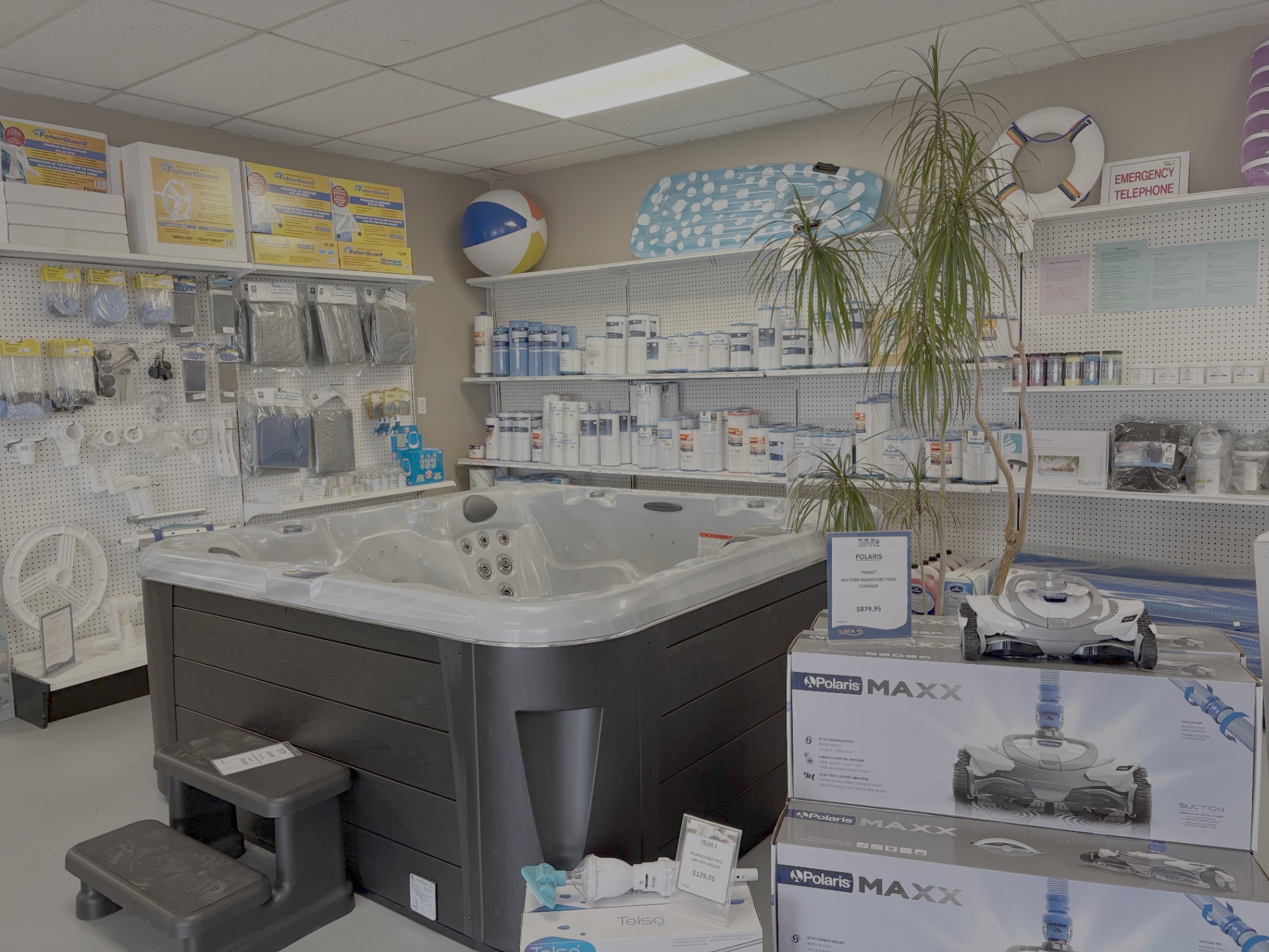 Showroom with pool chemicals and testing station